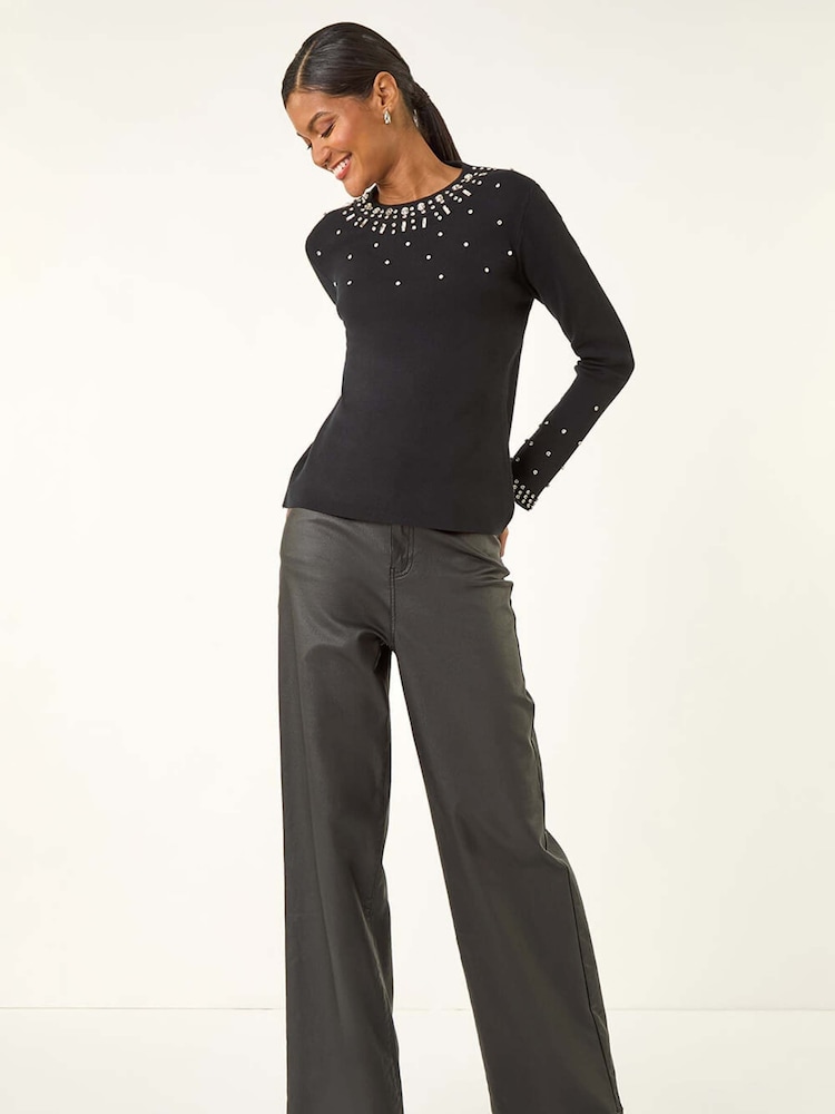 Roman Black Embellished Neck Jumper - Image 2 of 5 Roman Black Embellished Neck Jumper - Image 2 of 5