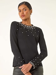 Roman Black Embellished Neck Jumper - Image 4 of 5