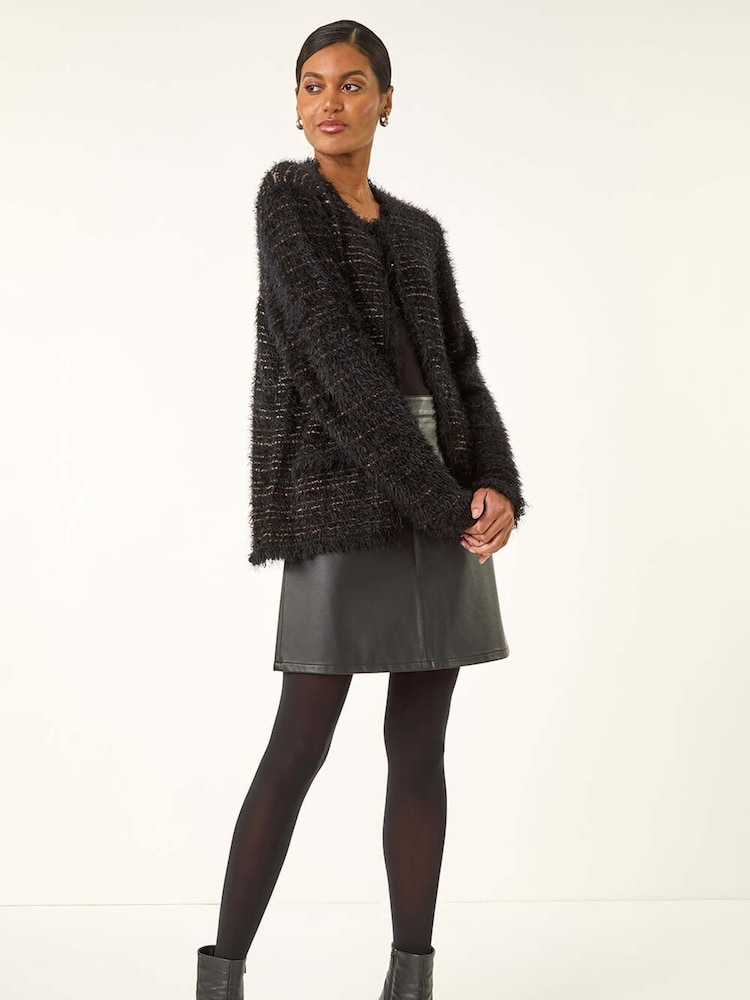 Roman Black Fluffy Textured Knit Cardigan - Image 1 of 5 Roman Black Fluffy Textured Knit Cardigan - Image 1 of 5