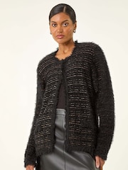 Roman Black Fluffy Textured Knit Cardigan - Image 2 of 5