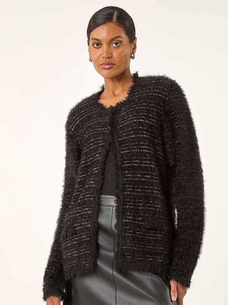 Roman Black Fluffy Textured Knit Cardigan - Image 2 of 5 Roman Black Fluffy Textured Knit Cardigan - Image 2 of 5