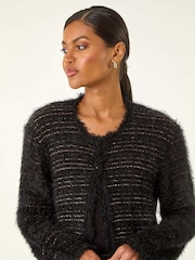 Roman Black Fluffy Textured Knit Cardigan - Image 4 of 5