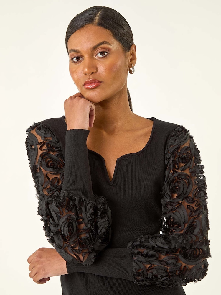 Roman Black Lace V-Neck Knit Top - Image 1 of 5 Roman Black Lace V-Neck Knit Top - Image 1 of 5