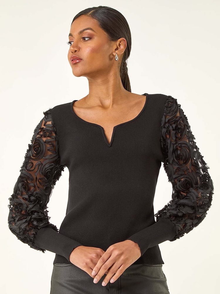 Roman Black Lace V-Neck Knit Top - Image 2 of 5 Roman Black Lace V-Neck Knit Top - Image 2 of 5