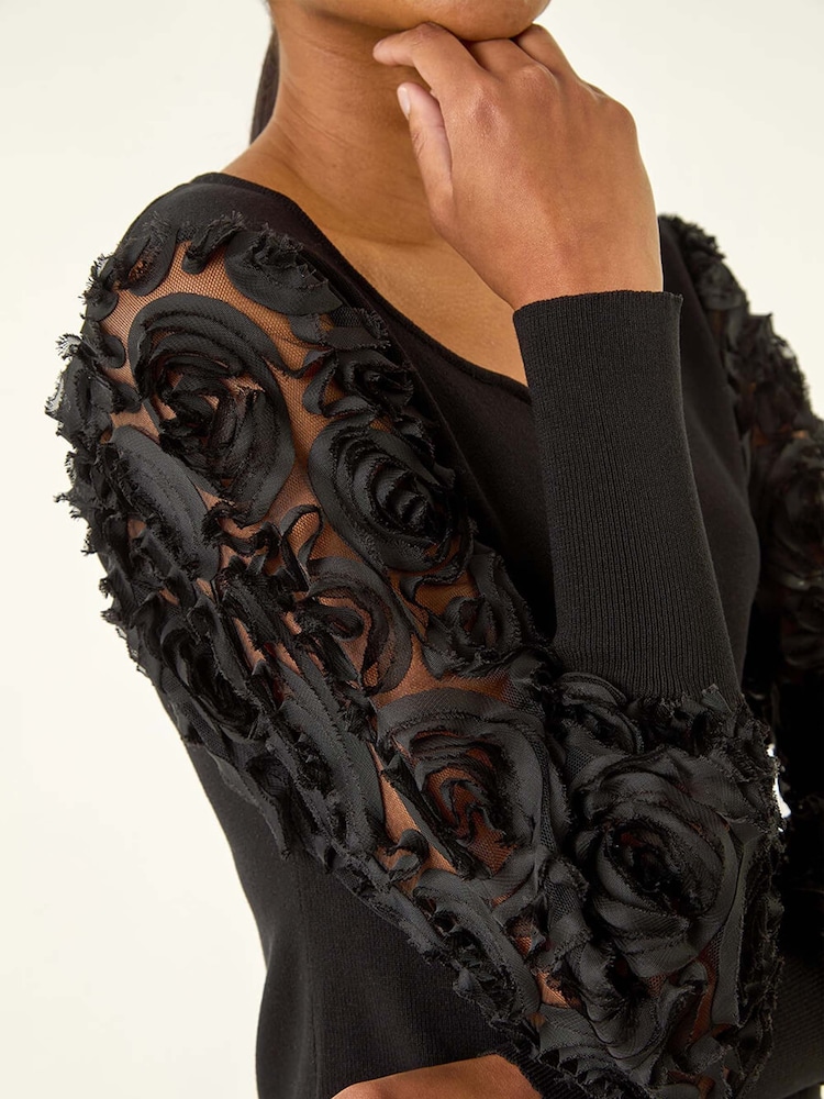 Roman Black Lace V-Neck Knit Top - Image 5 of 5 Roman Black Lace V-Neck Knit Top - Image 5 of 5