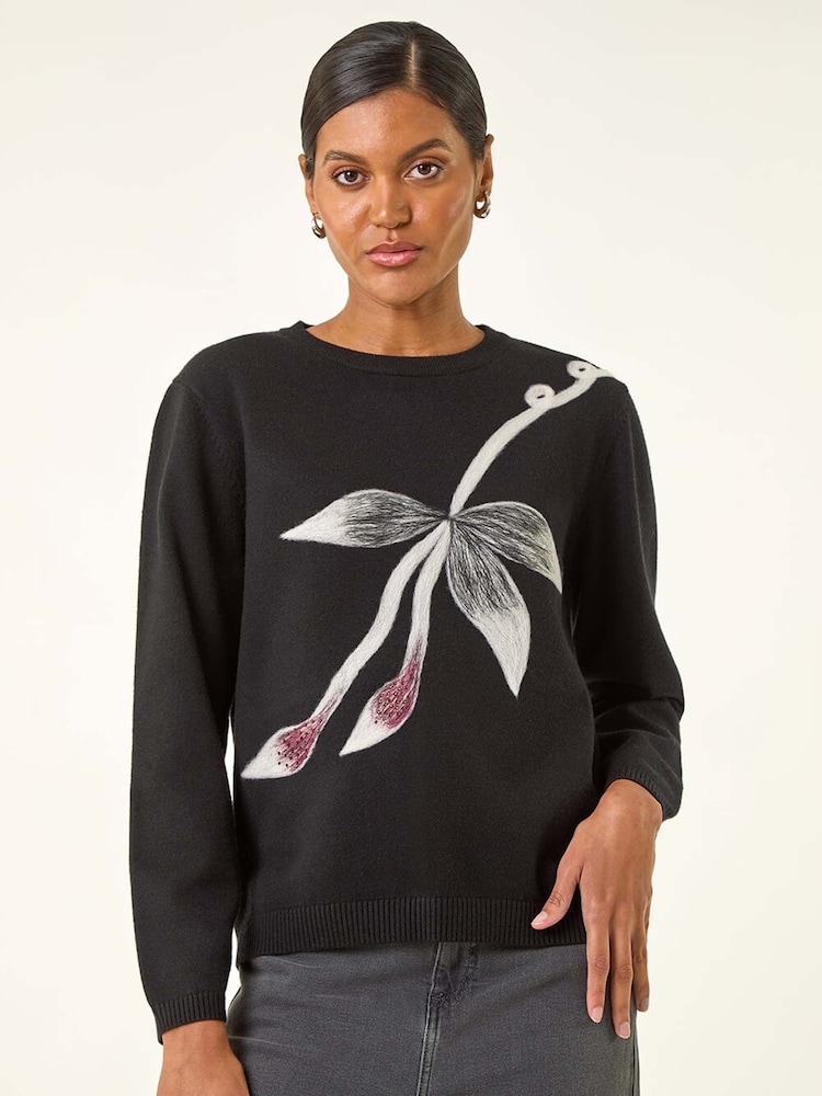 Roman Black Floral Hotfix Knit Jumper - Image 1 of 5 Roman Black Floral Hotfix Knit Jumper - Image 1 of 5