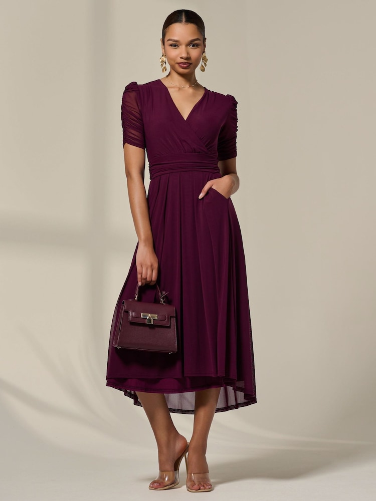Jolie Moi Purple Petite Wrap Front Puff Midaxi Dress - Image 1 of 6 Jolie Moi Purple Petite Wrap Front Puff Midaxi Dress - Image 1 of 6