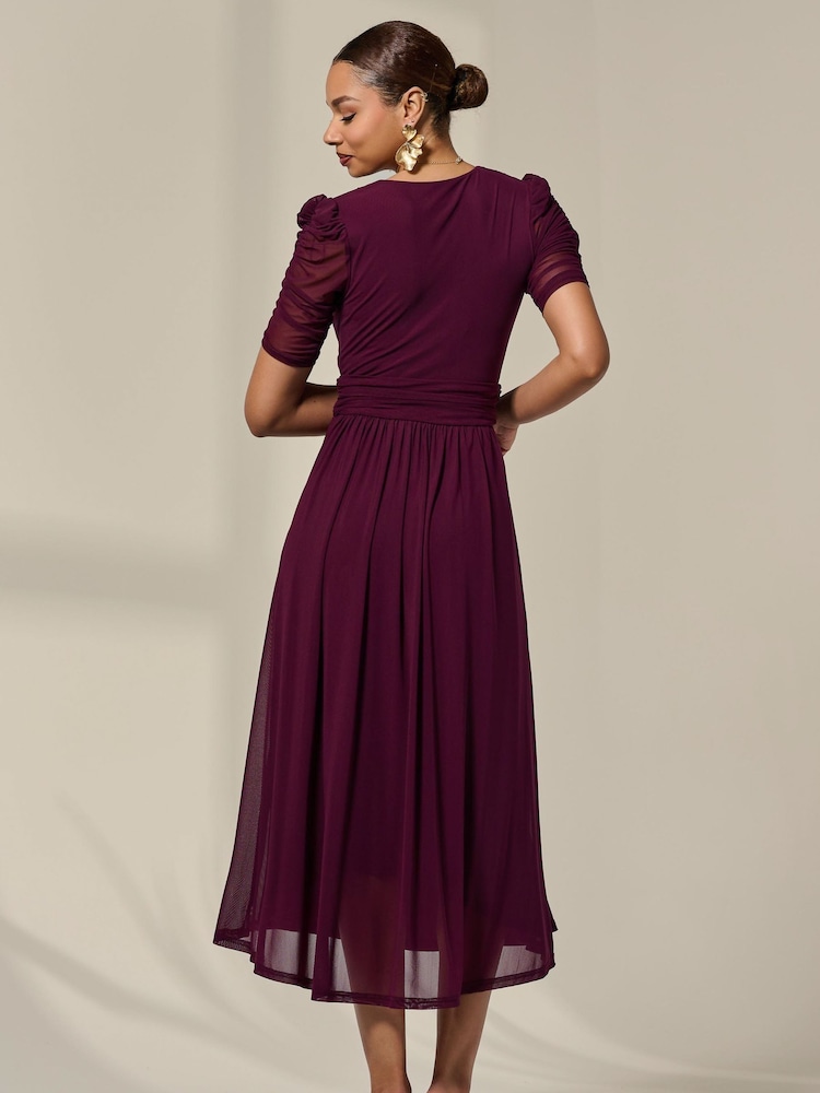 Jolie Moi Purple Petite Wrap Front Puff Midaxi Dress - Image 2 of 6