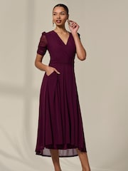 Jolie Moi Purple Petite Wrap Front Puff Midaxi Dress - Image 4 of 6