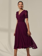 Jolie Moi Purple Petite Wrap Front Puff Midaxi Dress - Image 5 of 6