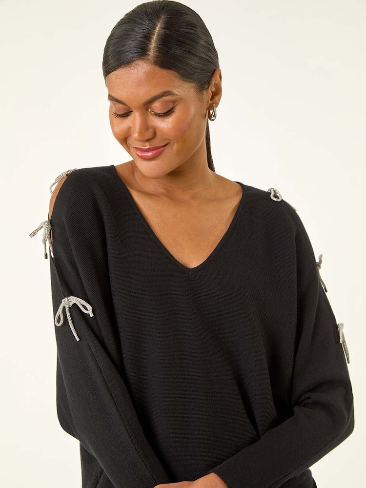 Preto - Roman Bow Sleeve V-Neck Knit Top - Imagem 1 de 5