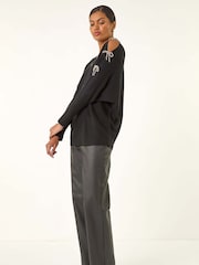 Preto - Roman Bow Sleeve V-Neck Knit Top - Imagem 2 de 5
