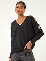 Preto - Roman Bow Sleeve V-Neck Knit Top - Imagem 4 de 5