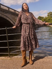 JD Williams Brown Print Tie Neck Georgette Maxi Dress - Image 1 of 6