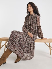 JD Williams Brown Print Tie Neck Georgette Maxi Dress - Image 2 of 6