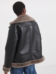 JD Williams Black Contrast Faux Fur Lined Aviator Jacket - Image 2 of 6