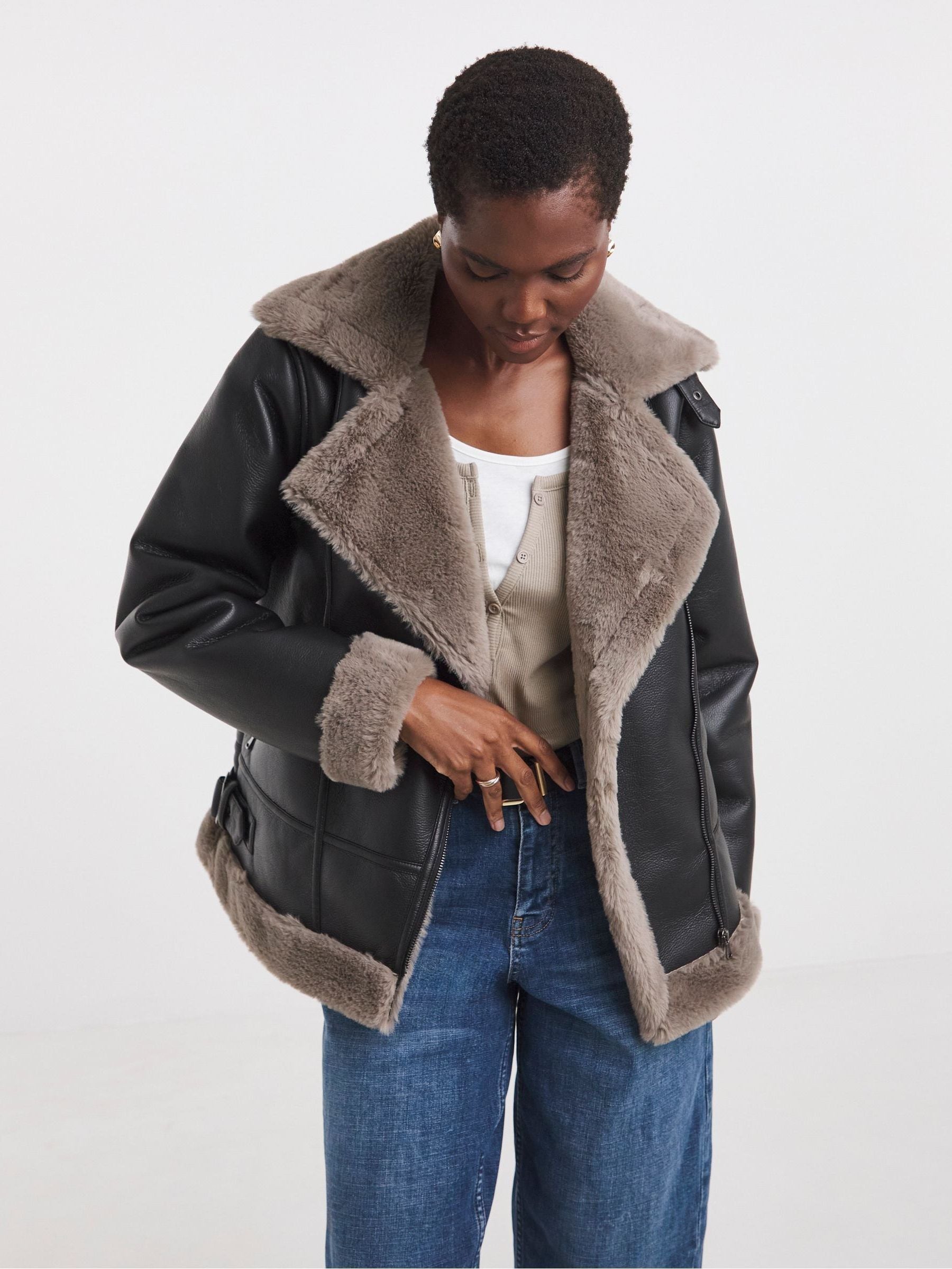 Buy JD Williams Black Contrast Faux Fur Lined Aviator Jacket from