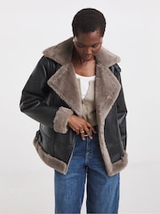 JD Williams Black Contrast Faux Fur Lined Aviator Jacket - Image 5 of 6