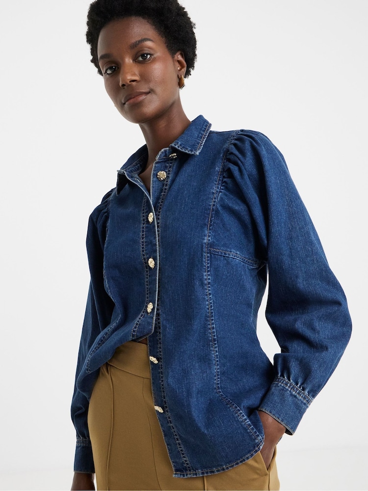 JD Williams Blue Volume Sleeve Button Through Denim Shirt - Image 1 of 4