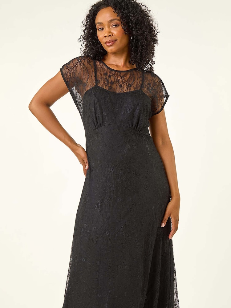 Roman Black Petite Lace Stretch Midi Dress - Image 1 of 5