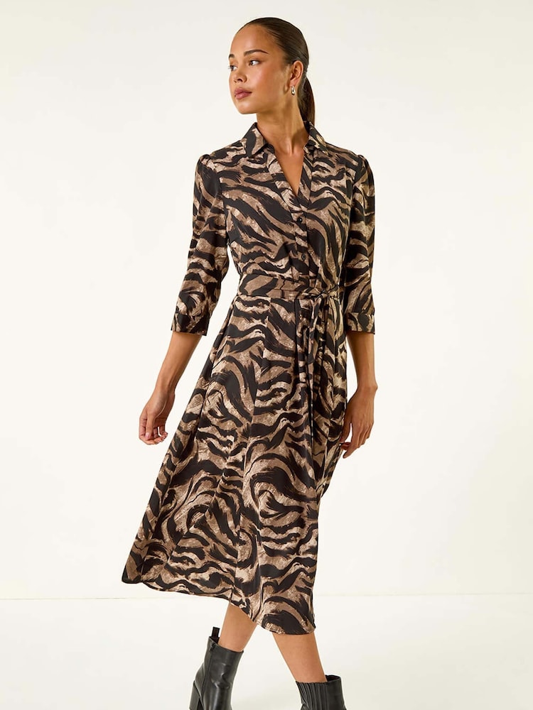 Roman Brown Petite Animal Print Shirt Stretch Dress - Image 2 of 5 Roman Brown Petite Animal Print Shirt Stretch Dress - Image 2 of 5
