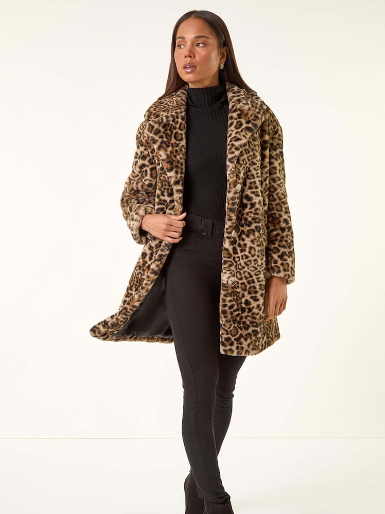 Roman Brown Petite Leopard Print Faux Fur Coat - Image 2 of 5 Roman Brown Petite Leopard Print Faux Fur Coat - Image 2 of 5