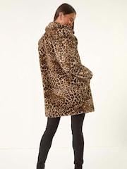 Roman Brown Petite Leopard Print Faux Fur Coat - Image 3 of 5