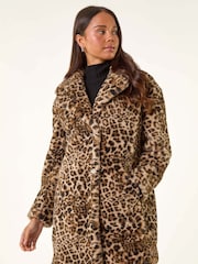 Roman Brown Petite Leopard Print Faux Fur Coat - Image 4 of 5