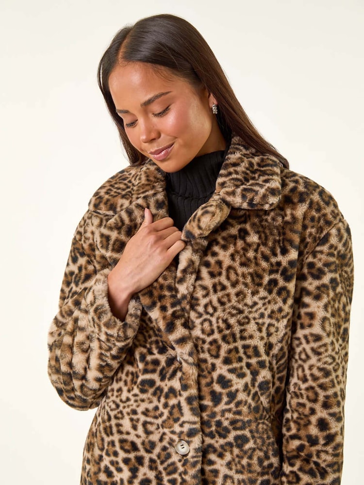 Roman Brown Petite Leopard Print Faux Fur Coat - Image 5 of 5
