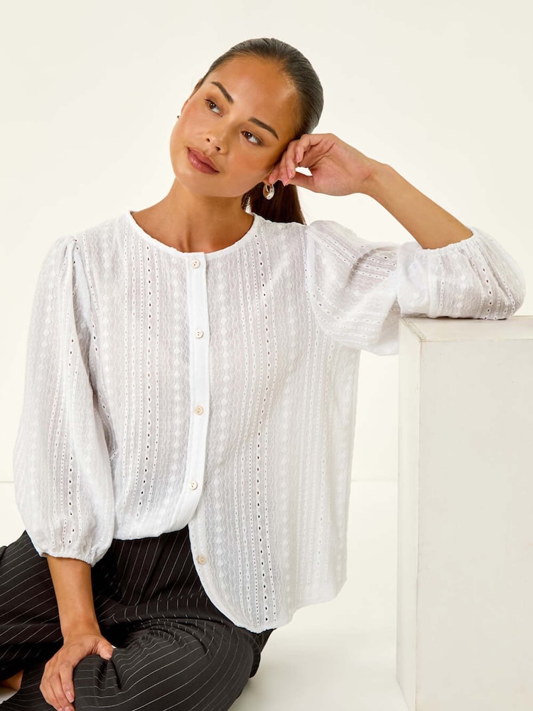 Roman White Petite Textured Buttoned Blouse - Image 1 of 5
