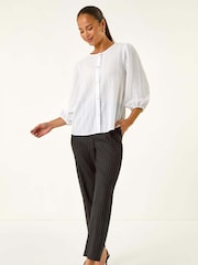 Roman White Petite Textured Buttoned Blouse - Image 2 of 5