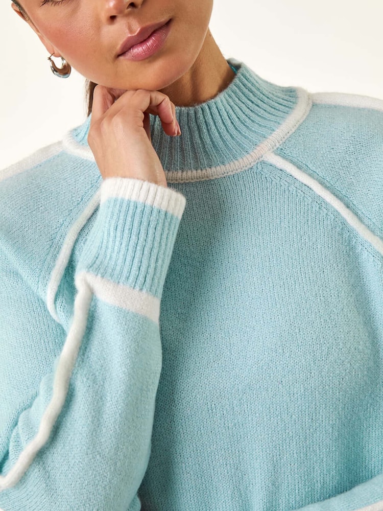 Roman Blue Petite Contrast Ribbed Knit Jumper - Image 2 of 5 Roman Blue Petite Contrast Ribbed Knit Jumper - Image 2 of 5
