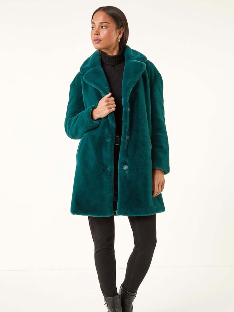 Roman Green Petite Longline Faux Fur Coat - Image 1 of 5 Roman Green Petite Longline Faux Fur Coat - Image 1 of 5