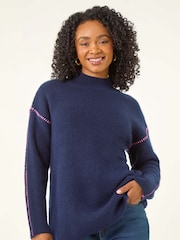 Roman Blue Petite Contrast Stitch Jersey Jumper - Image 1 of 5