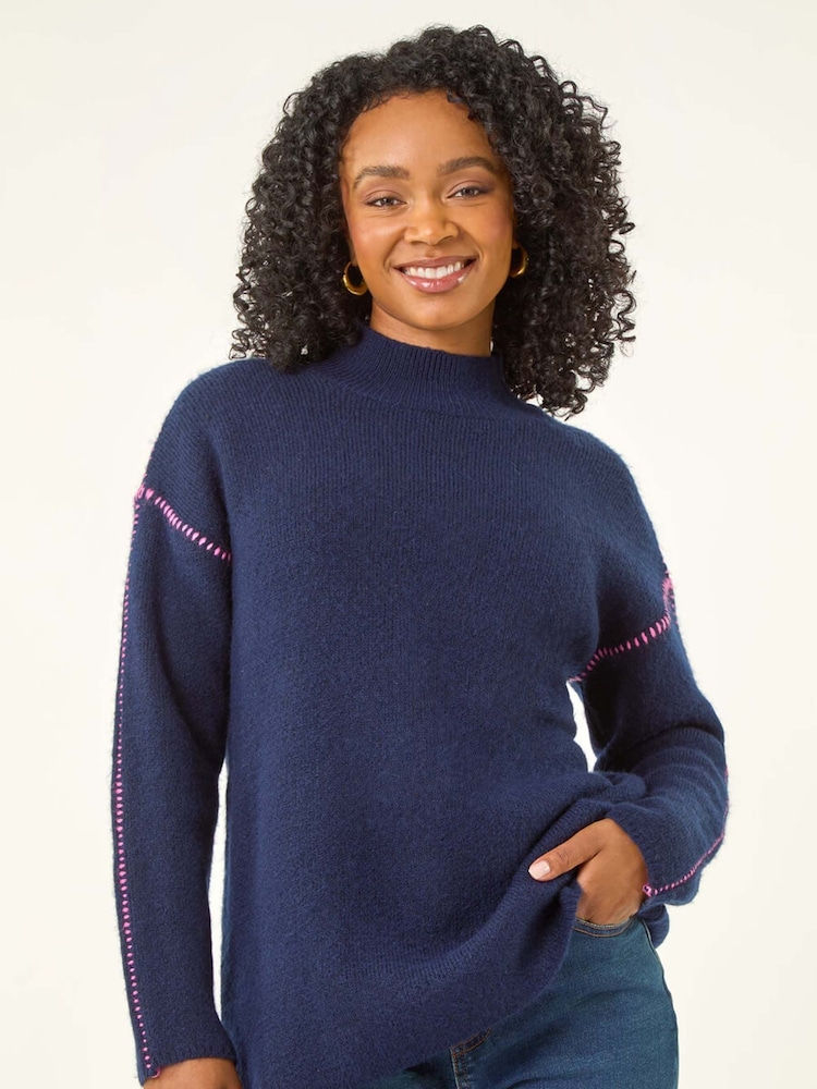 Roman Blue Petite Contrast Stitch Jersey Jumper - Image 1 of 5 Roman Blue Petite Contrast Stitch Jersey Jumper - Image 1 of 5