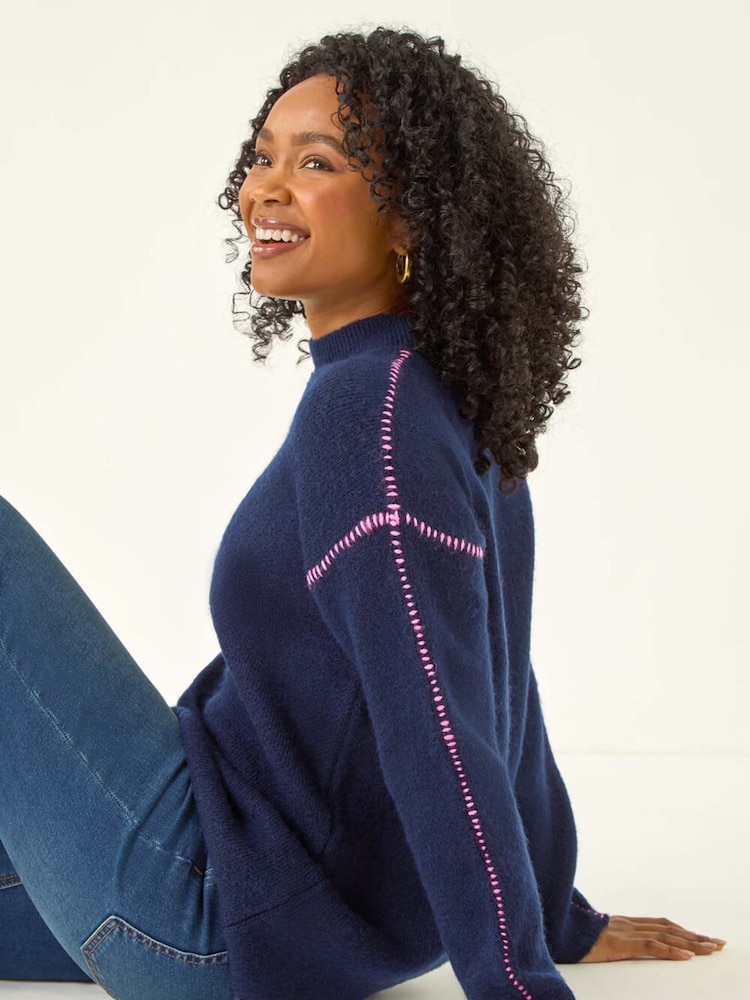 Roman Blue Petite Contrast Stitch Jersey Jumper - Image 2 of 5 Roman Blue Petite Contrast Stitch Jersey Jumper - Image 2 of 5