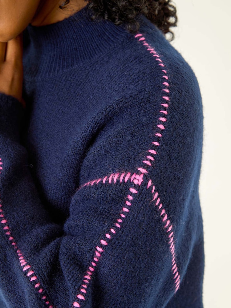 Roman Blue Petite Contrast Stitch Jersey Jumper - Image 5 of 5 Roman Blue Petite Contrast Stitch Jersey Jumper - Image 5 of 5