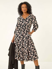 Roman Black Petite Floral Tiered Midi Dress - Image 1 of 5