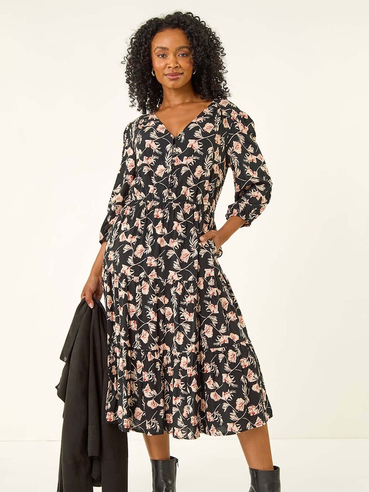 Roman Black Petite Floral Tiered Midi Dress - Image 1 of 5