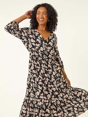Roman Black Petite Floral Tiered Midi Dress - Image 2 of 5