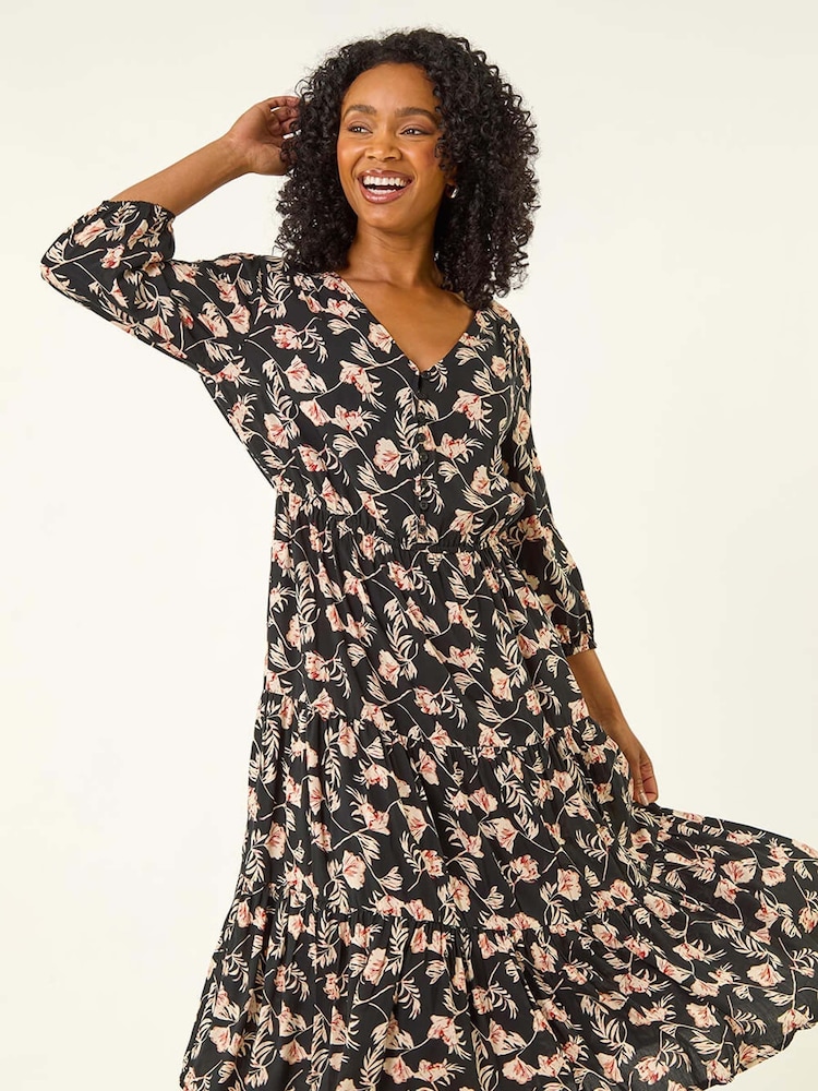 Roman Black Petite Floral Tiered Midi Dress - Image 2 of 5