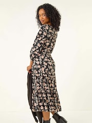 Roman Black Petite Floral Tiered Midi Dress - Image 3 of 5
