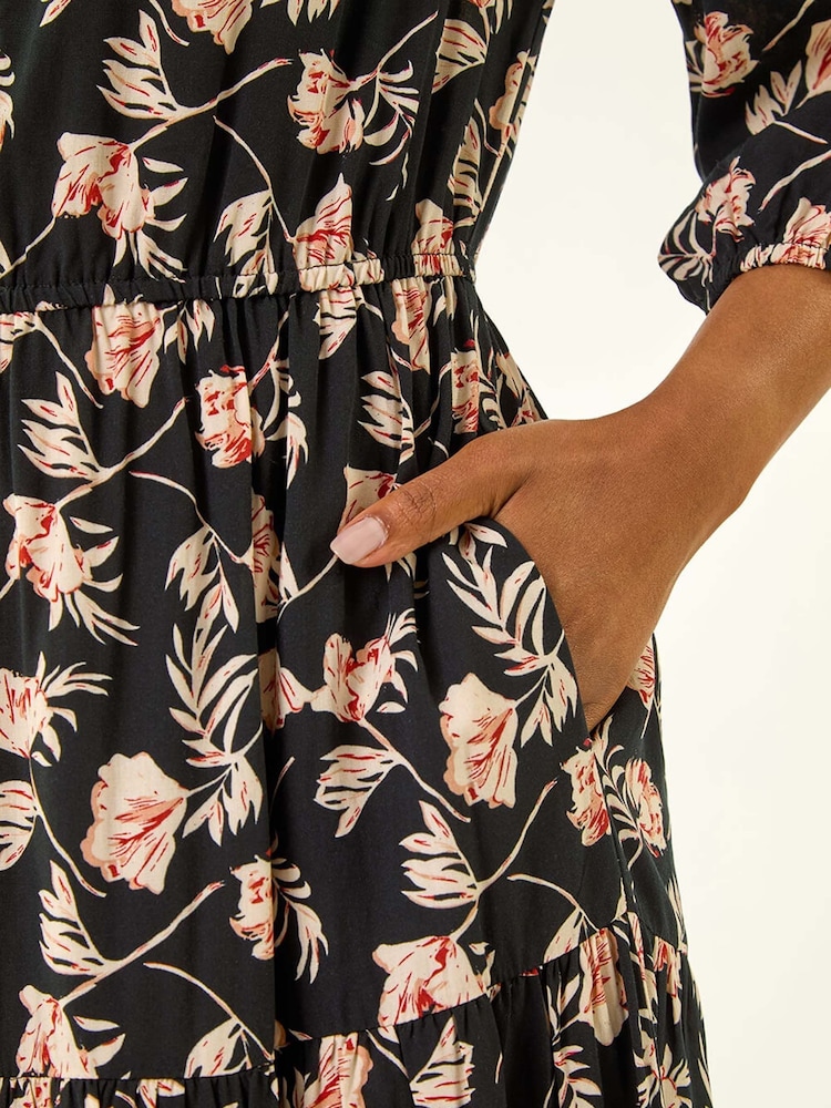 Roman Black Petite Floral Tiered Midi Dress - Image 5 of 5