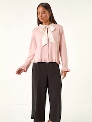 Roman Pink Petite Tie Neck Frill Hem Cardigan - Image 2 of 5