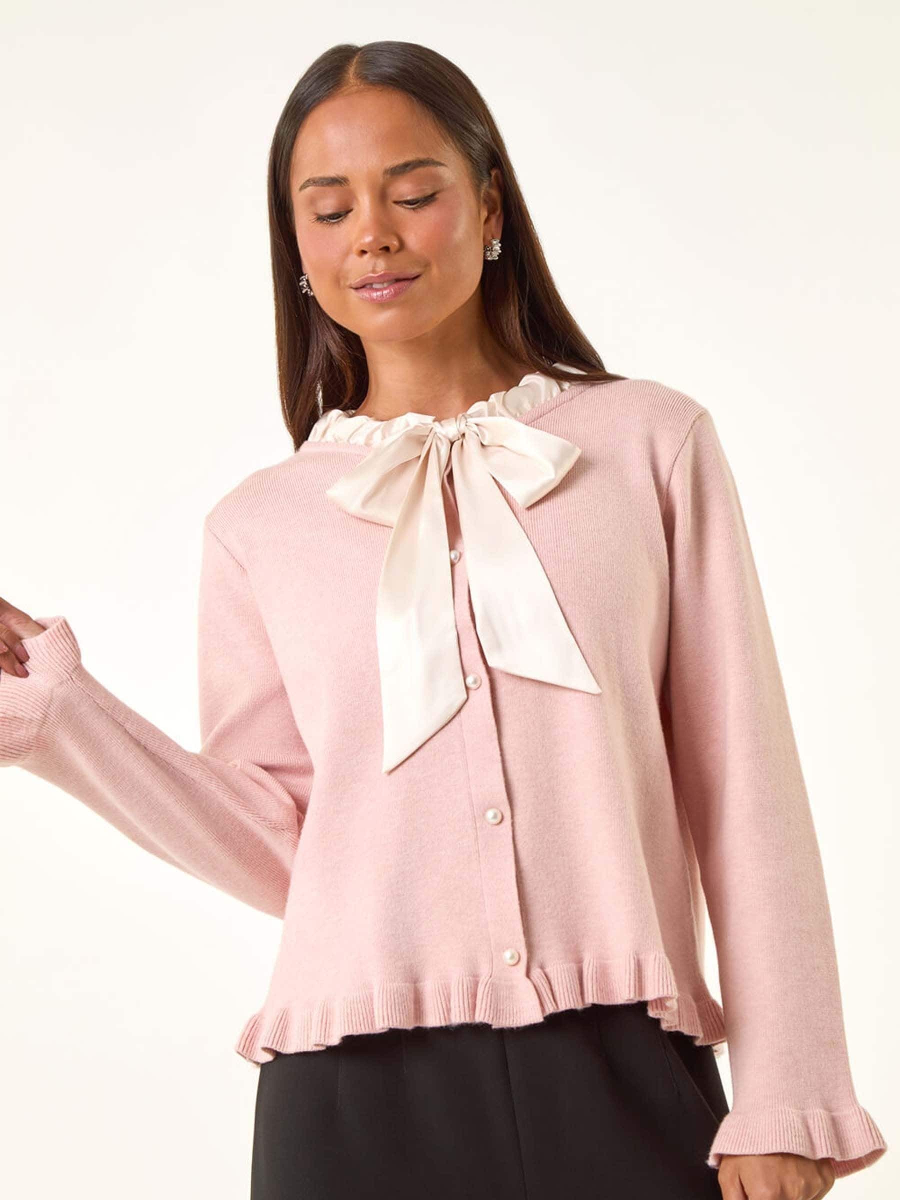 Buy Roman Pink Petite Tie Neck Frill Hem Cardigan from Next USA