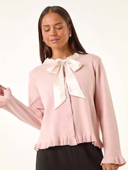 Roman Pink Petite Tie Neck Frill Hem Cardigan - Image 4 of 5