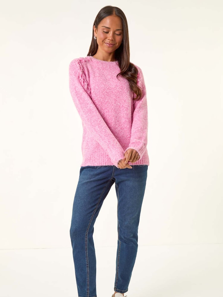 Roman Pink Petite Fringe Shoulder Knit Jumper - Image 1 of 5