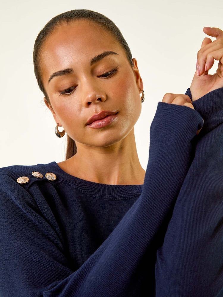 Roman Blue Petite Button Shoulder Knit Jumper - Image 2 of 5