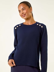 Roman Blue Petite Button Shoulder Knit Jumper - Image 4 of 5
