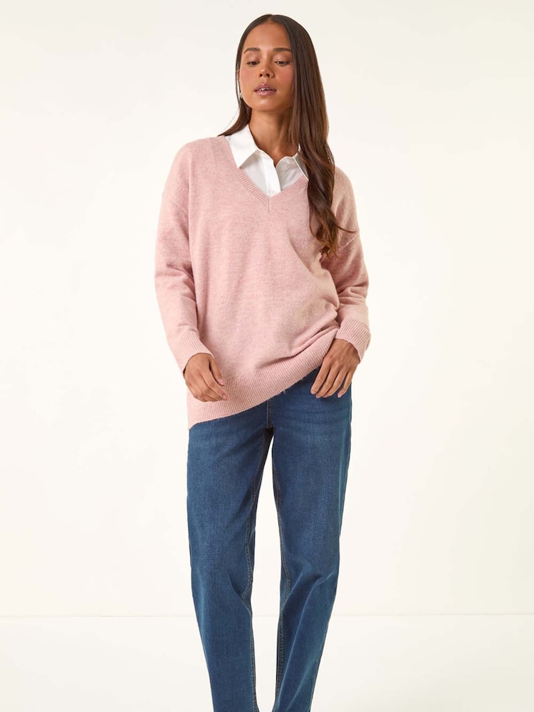 Roman Pink Petite V-Neck Knit Jumper - Image 2 of 5 Roman Pink Petite V-Neck Knit Jumper - Image 2 of 5